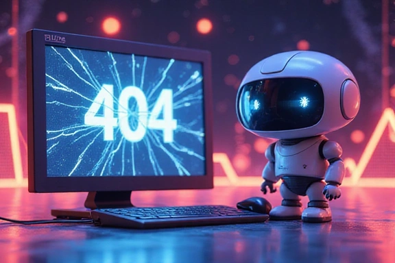 Lost robot searching for a page on a broken screen, symbolizing a 404 error