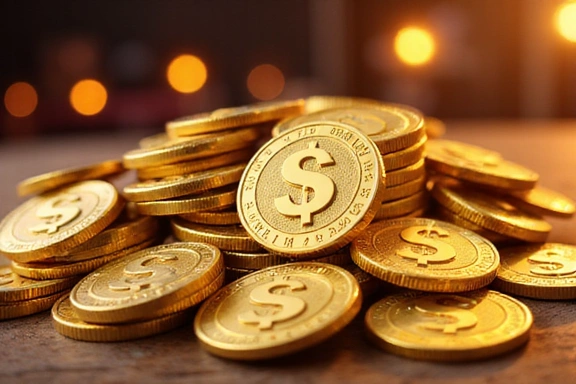 Pile of shiny gold social coins with a fun, stylized logo