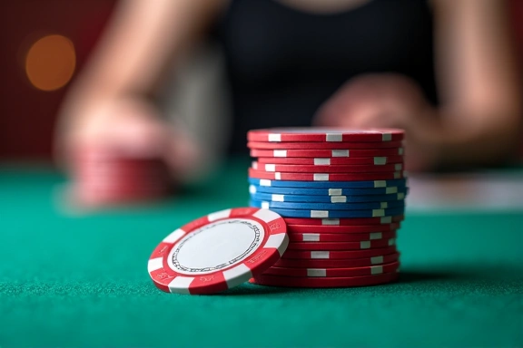 Stack of professional casino chips in various colors, with a blurry poker table background